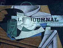 Image: Detail from 'Still life with fruit and newspaper' by Juan Gris